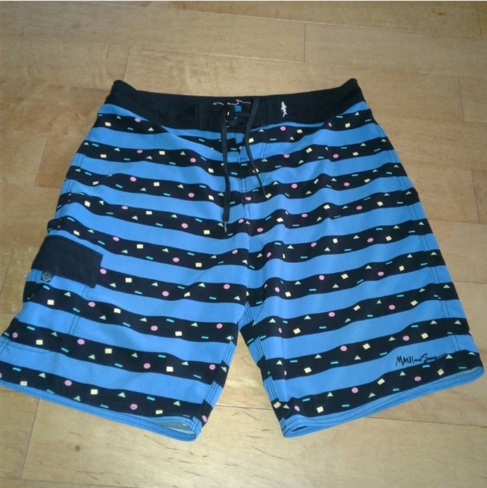 Maui & Sons board swim trunks shorts blue with colorful flecks mens sz 34